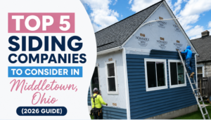 Two workers install blue siding as our 2026 Guide highlights top Siding Companies in Middletown Ohio for your next home project.
