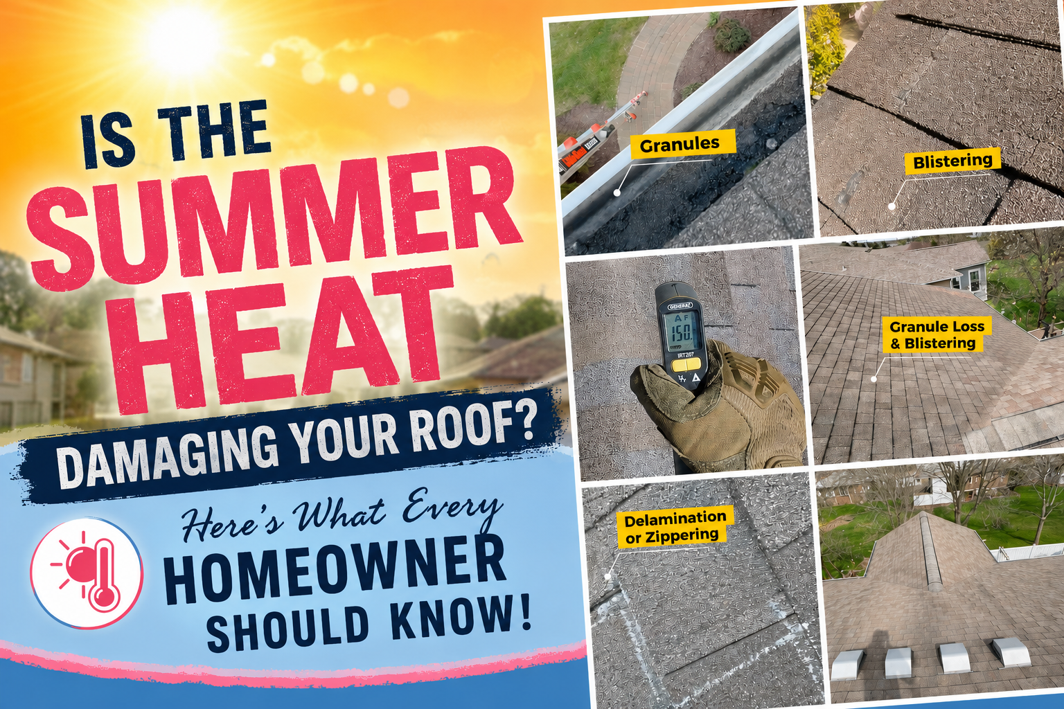 A graphic shows how summer heat is damaging your roof, with photos of granule loss, blistering, and delamination.