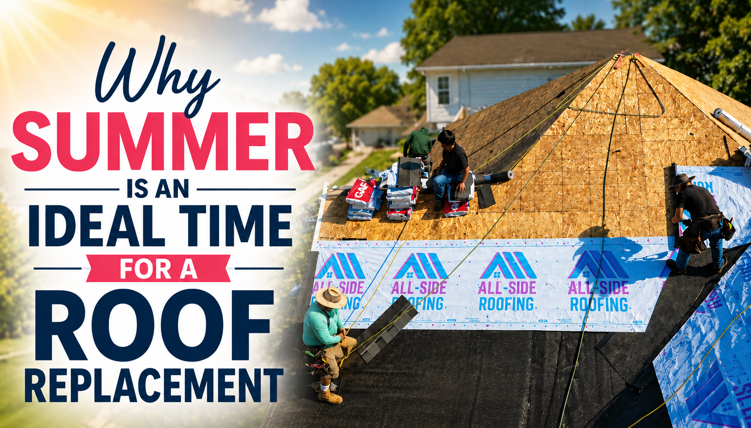 Workers install new roofing, showing why summer roof replacement is the ideal time for upgrading your home’s protection and value.