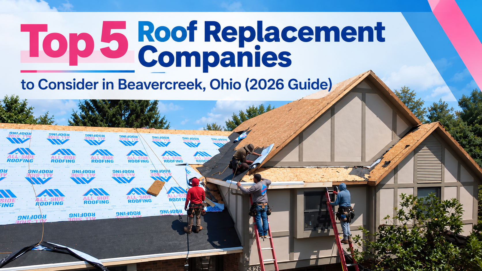 Three workers install new roofing on a house under a clear sky, highlighting top roof replacement companies in Beavercreek Ohio.