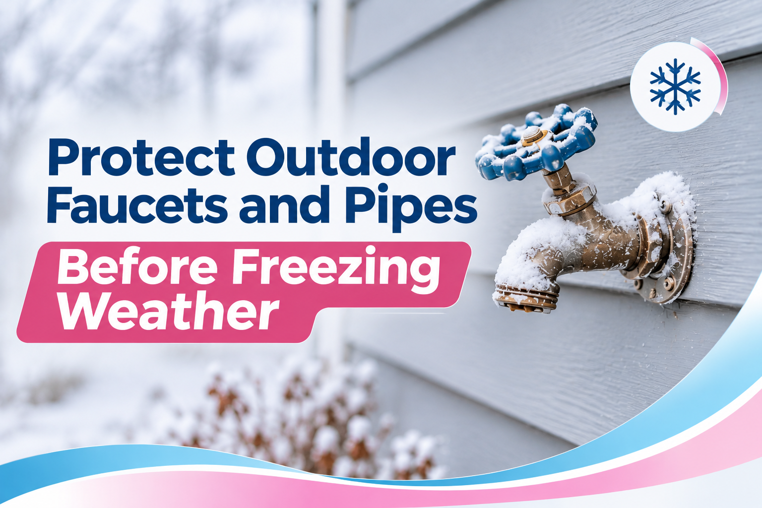 An outdoor faucet covered in snow with text on how to winterize pipes and prevent frozen pipes.