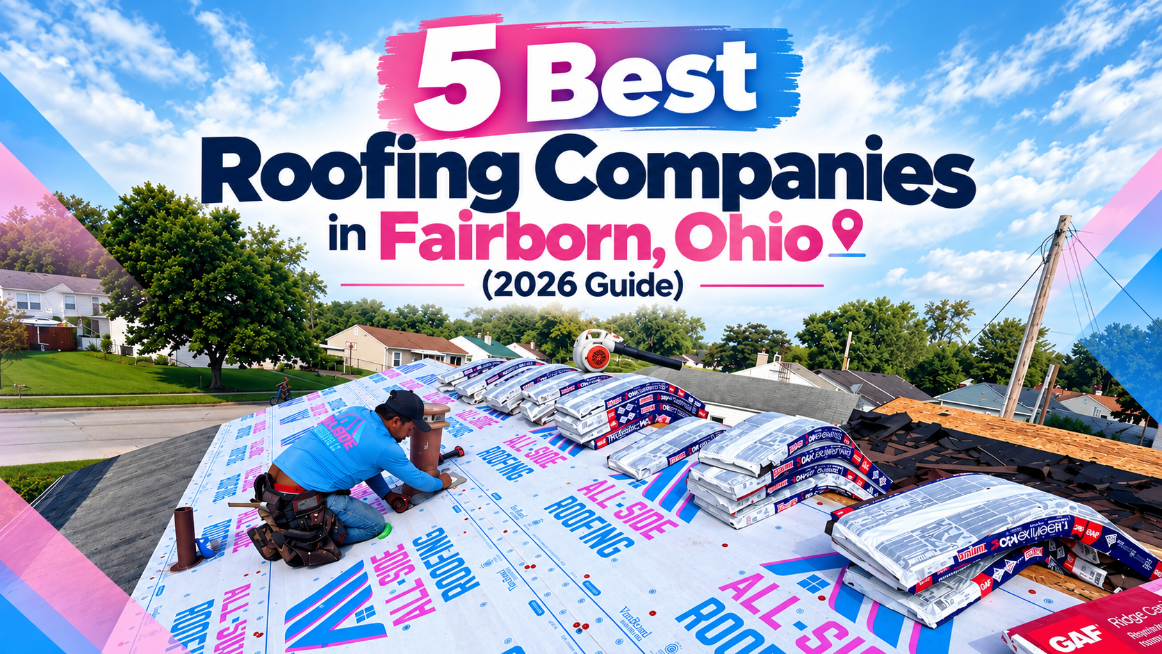A roofer working on a residential roof in Fairborn, Ohio, with text reading “5 Best Roofing Companies in Fairborn, Ohio (2026 Guide).”.